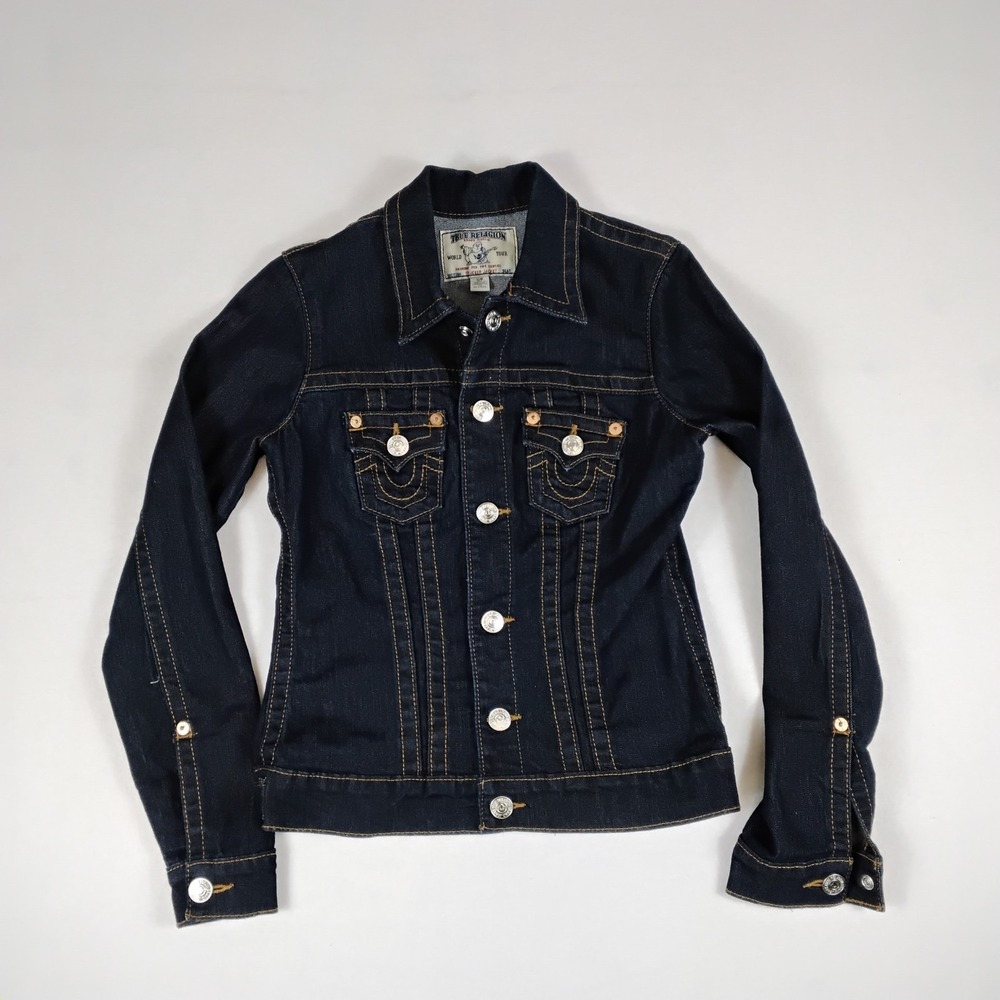 Vintage True Religion Womens Small Dark Wash Jean Jacket Trucker Style